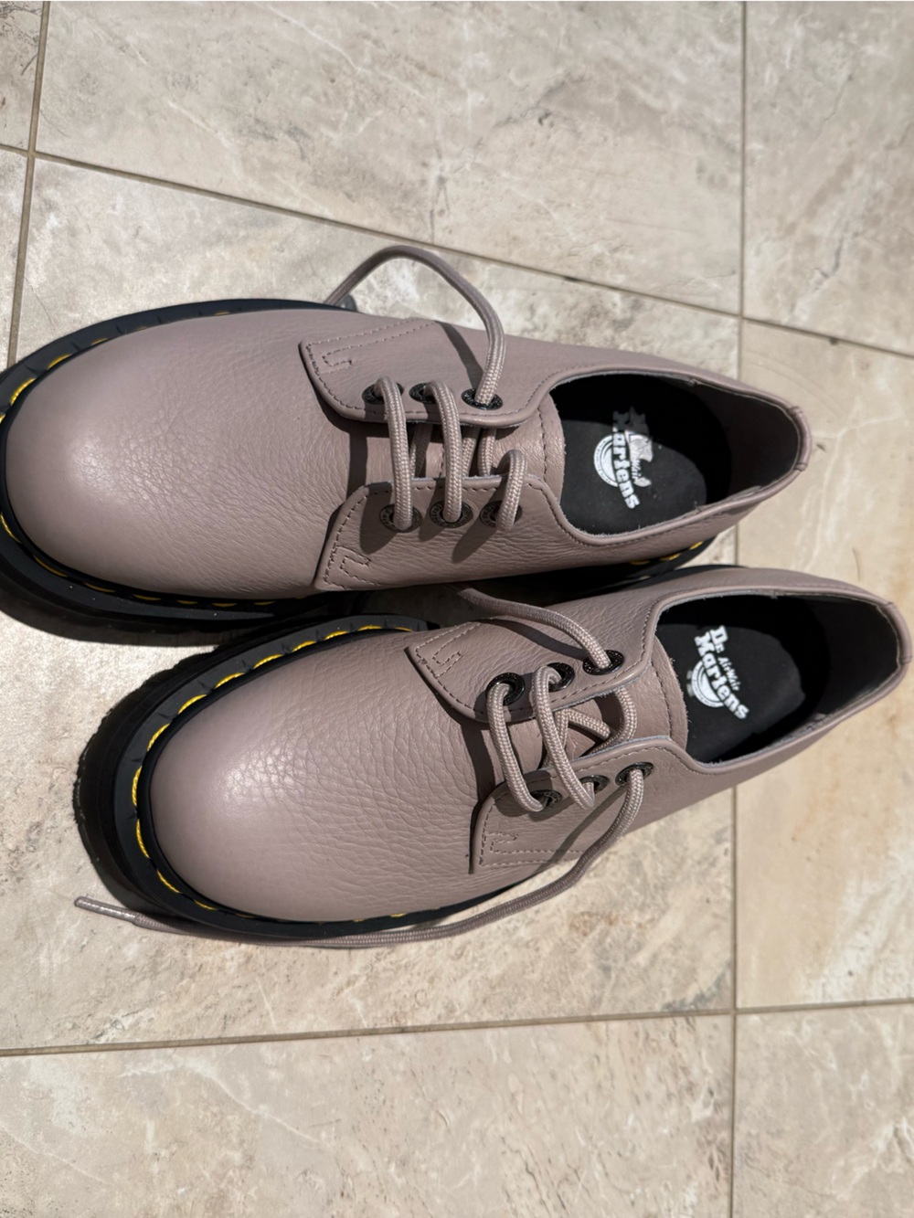 Dr. Martens Taupe Leather 3-Eye Oxford with Yellow Stitching